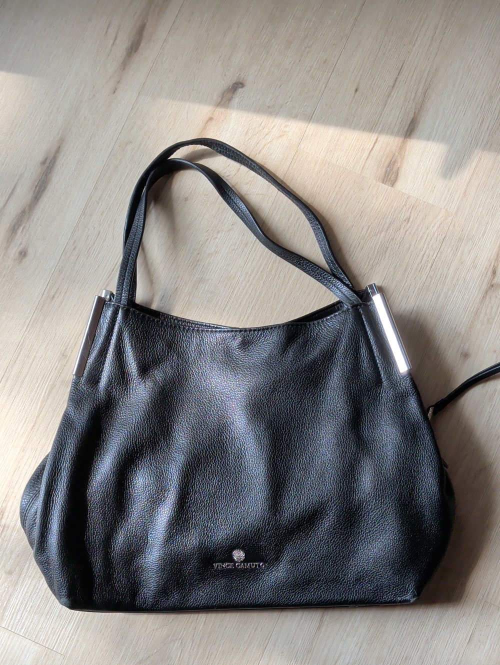 Vince Camuto Black Pebbled Leather Shoulder Bag with Silver Accents